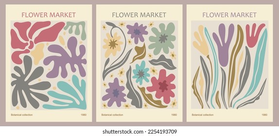 Set of abstract flower posters. Trendy botanical wall arts with floral design in danish pastel colors. Modern naive groovy funky interior decorations, paintings. Vector art illustration.