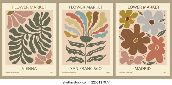 Set of abstract flower posters. Trendy botanical wall arts with floral design in danish pastel colors. Modern naive groovy funky interior decorations, paintings. Vector art illustration