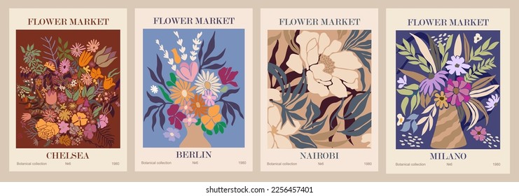 Set of abstract flower posters. Trendy botanical wall arts with floral design in danish pastel colors. Modern naive groovy funky interior decorations, paintings. Vector art illustration.