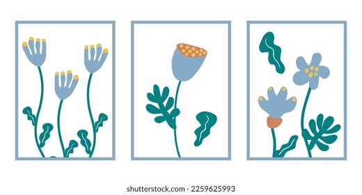 Juego de afiches de flores abstractas. Muros botánicos de moda con diseño floral en tonos pastel. Ilustración de arte vectorial.