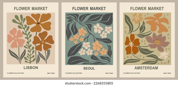 Set of abstract flower posters. Trendy botanical wall arts with floral design in danish pastel colors. Modern naive groovy funky interior decorations, paintings. Vector art illustration.