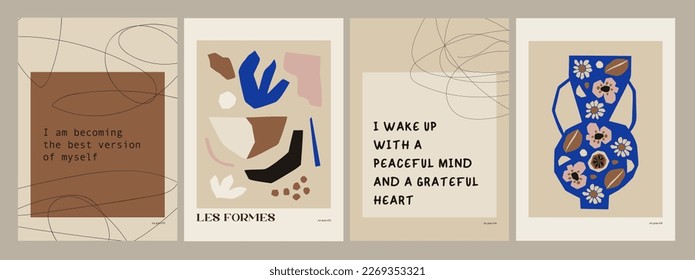 Juego de afiches de flores abstractas. Muros botánicos de moda con diseño floral. Ilustración artística de la primavera vectorial.
