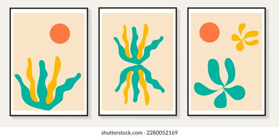 Set of abstract flower posters. Trendy botanical wall arts with floral design in danish pastel colors.