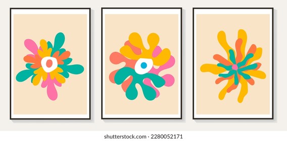 Set of abstract flower posters. Trendy botanical wall arts with floral design in danish pastel colors.