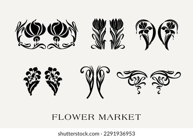 Set of abstract flower posters. Trendy botanical wall arts with floral design in danish pastel colors. Modern naive groovy funky interior decorations, paintings. Vector art illustration.