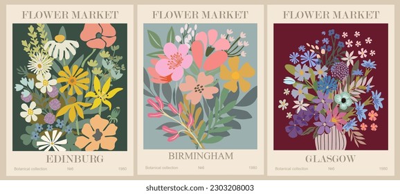 Set of abstract flower posters. Trendy botanical wall arts with floral design in danish pastel colors. Modern naive groovy funky interior decorations, paintings. Vector art illustration