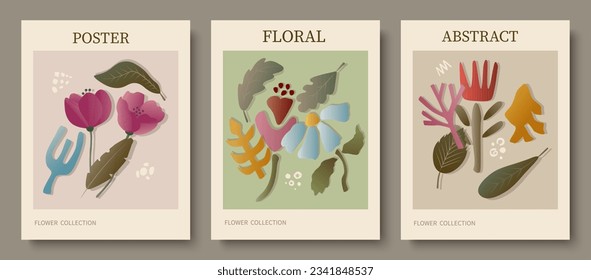 A set of abstract flower posters. Trendy botanical-style wall paintings with a floral pattern in earthy tones. Modern naive clockwork interior decorations, paintings. Vector art illustration.