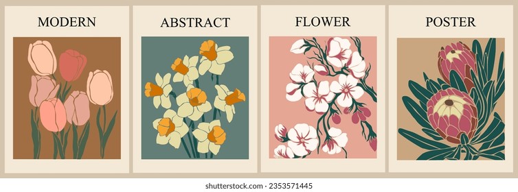 Set of abstract flower posters. Trendy botanical wall arts with floral design in earth tone colors. Modern naive groovy funky interior decorations, paintings. Vector art illustration