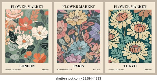 Set of abstract flower posters. Trendy botanical wall arts with floral design in dark green colors. Modern naive groovy funky interior decorations, paintings. Vector art illustration