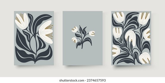 Set of abstract flower posters. Trendy botanical wall arts with floral design in danish pastel colors. Modern naive groovy funky interior decorations, paintings. Vector art illustration.