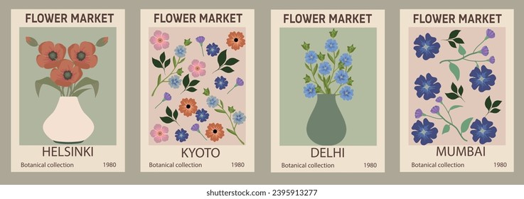 Set of abstract flower posters. Trendy botanical wall arts with floral design in danish pastel colors. Modern naive groovy funky interior decorations, paintings. Vector illustration