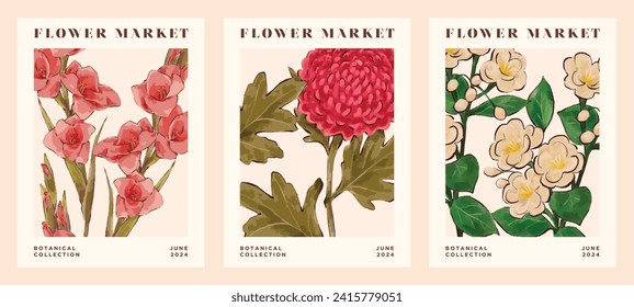 Set of Abstract Flower Posters in Trendy Botanical Wall Art with Floral Design in Hand drawn Illustration Style. Vector Art Illustration.