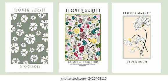 Set of abstract flower posters. Trendy botanical wall arts with floral design in earth tone colors. Modern naive groovy funky interior decorations, paintings. Vector art illustration.