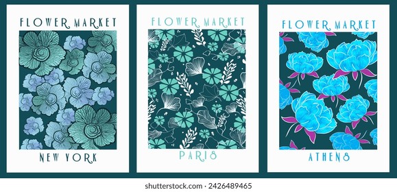 Set of abstract flower posters. Trendy botanical wall arts with floral design in earth tone colors. Modern naive groovy funky interior decorations, paintings. Vector art illustration.