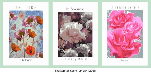 Set of abstract flower posters. Trendy botanical wall arts with Danish pastel floral design in bright colors. Modern naive groovy funky interior decorations, paintings. Vector art illustration.