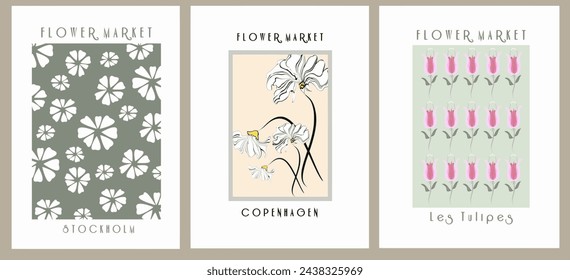 Set of abstract flower posters. Trendy botanical wall art with floral design in Danish pastel colors. Modern naive groovy funky interior decorations, paintings. Vector art illustration.