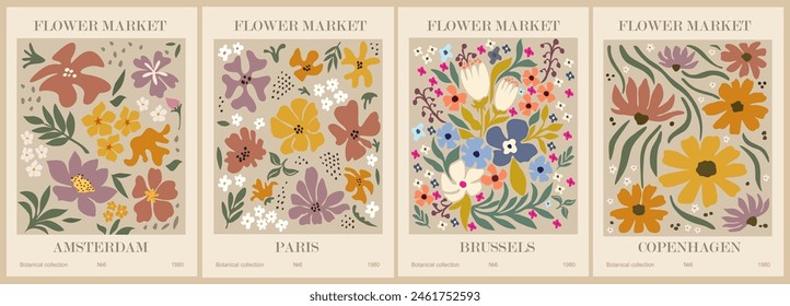 Set of abstract flower posters. Trendy botanical wall arts with floral design in sage green colors. Modern naive groovy funky interior decorations, paintings. Vector art illustration. Hand made, not A