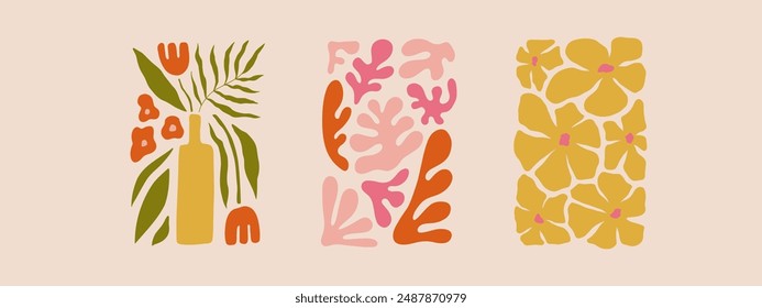 Set von abstrakten Blumenpostern. Trendige botanische Wandkunst mit floralem Design in Grün- und Rosatönen. Moderne naive groovige funky Innendekorationen, Gemälde. In: Vektorgrafik Botanical Art Illustration.