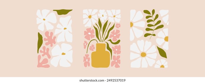 Set von abstrakten Blumenpostern. Trendige botanische Wandkunst mit floralem Design in niedlichen Boho-Farben. Moderne florale naive groovige funky Innendekorationen, Gemälde. Vektorgrafik Illustration.