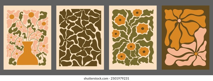 Set of Abstract Flower Posters. Trendy Botanical Wall Art with Floral Design. 