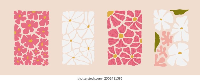 Set of abstract flower posters. Trendy botanical wall arts with floral design in pink and white colors. Modern naive groovy funky interior decorations, paintings. Vector art illustration.
