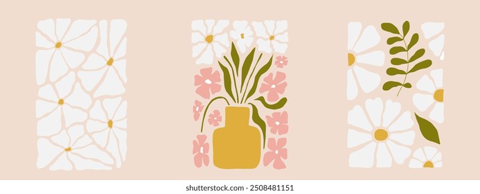 Conjunto de carteles de flores abstractas. Arte de pared botánico de moda con diseños florales en colores pastel blanco, beige y rosa. Decoraciones interiores funky groovy ingenuo moderno, pinturas. Ilustración vectorial