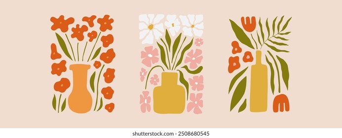 Set of abstract flower posters. Trendy summer botanical wall arts with floral design in boho pastel colors. Modern naive groovy funky interior decorations, paintings. Vector art illustration.