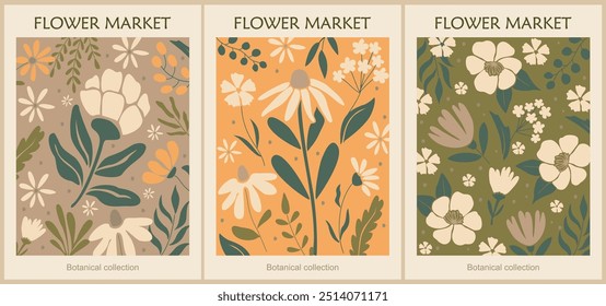 Set of abstract flower posters. Trendy botanical wall arts with floral design in danish pastel colors. Modern naive groovy funky interior decorations, paintings. Vector art illustration.