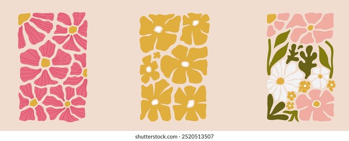 Conjunto de pôsteres de flores abstratas. Arte de parede botânica na moda com design floral em cores pastel amarelo e rosa. Moderna ingênua groovy funky decorações interiores, e pinturas. Ilustração de arte vetorial.