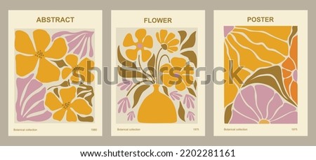 	
Set of abstract flower posters. Trendy botanical wall arts with floral design in danish pastel colors. Modern naive groovy funky interior decorations, paintings. Vector art illustration.