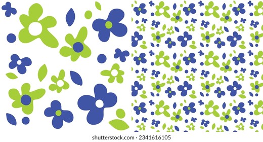 Set abstract flower seamless patterns with vintage groovy daisy flowers. Retro floral vector background surface design, textile, stationery, wrapping paper, covers. 60s, 70s, 80s style