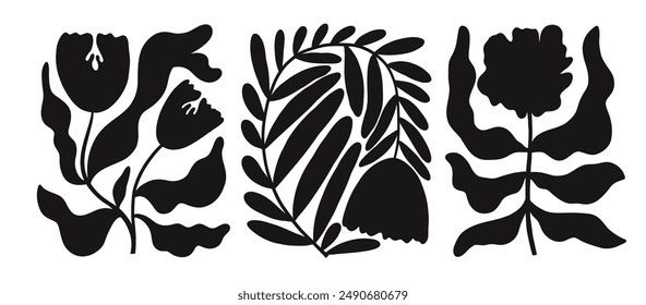 Set of abstract flower silhouettes in Matisse naive style. Elegant flower shapes in geometric forms. Modern trendy botanical minimal style. Organic doodle or modern groovy flowers.