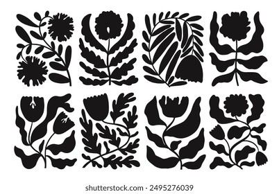 Set of abstract flower silhouettes in Matisse naive style. Elegant flower shapes in geometric forms. Modern trendy botanical minimal style. Organic doodle or modern groovy flowers.