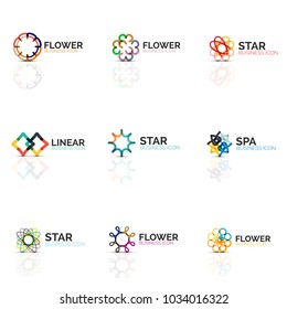 Conjunto de íconos lineales minimalistas de flor abstracta o estrella, símbolos planos geométricos de línea delgada para el diseño de iconos de negocios, botones o emblemas abstractos. Ilustraciones vectoriales aisladas en blanco creadas con