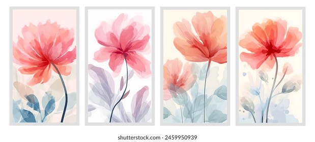 Set of Abstract flower vector arts background. Wall art design with watercolor and transparency vector effect. Floral and leaves wall decoration.