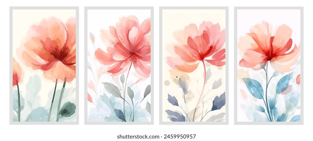 Set of Abstract flower vector arts background. Wall art design with watercolor and transparency vector effect. Floral and leaves wall decoration.