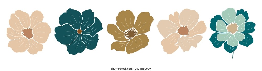 Set of abstract flowers in beige, teal and gold color palette. Flat vector illustrations isolated on white backgground