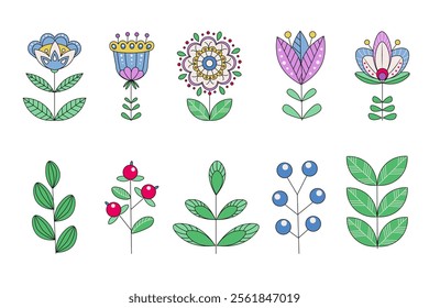 A set of abstract flowers, berries and leaves in Scandinavian style, Nordic folklore, fantasy