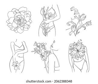Conjunto de flores y cuerpo abstractos, cara en un estilo de línea. Concepto de moda de belleza femenina. - Ilustración del vector