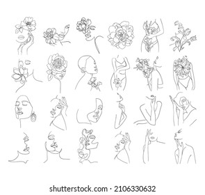 Set of abstract flowers and body, face in one line style.Woman beauty fashion concept. - Vector illustration