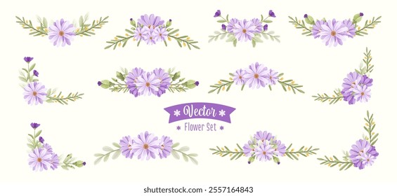 Set of Abstract Flowers Bouquet Arrangement Wreath Vector Collection. Purple Flowers Corner Borders Frame for Wedding Element. Beautiful Wreath Floral Wedding Element Invitation Decoration.