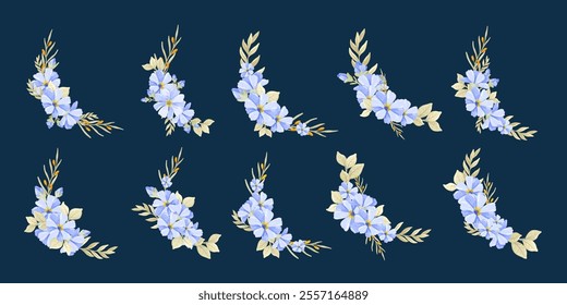Set of Abstract Flowers Bouquet Arrangement Wreath Vector Collection. Purple Flowers Corner Borders Frame for Wedding Element. Beautiful Wreath Floral Wedding Element Invitation Decoration.