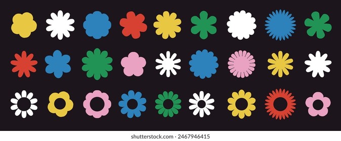 Set of abstract flowers in brutalist style. Modern vector illustration on black background. Geometric flower set. Abstract minimal daisy elements. Brutalist design. Vector illustration