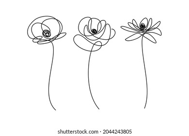 Set of abstract flowers in continuous line art drawing style. Doodle flowers. Minimalist black linear design isolated on white background. Vector illustration