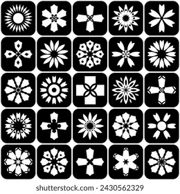 Set von abstrakten Blumen und Kreuze Icons. Schwarz-Weiß-Designelemente. In: Vector Art.