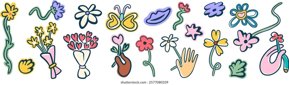 set of abstract flowers in doodle style in vector. Element for poster sticker design logo decoration prints