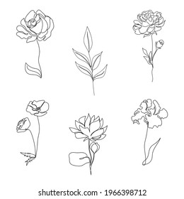 Set of abstract flowers drawn by one line isolated on white background. Rose, branch, poppy, iris, peon, lotus. Minimalism. For wall art, home decor, pattern. Stock vector illustration.