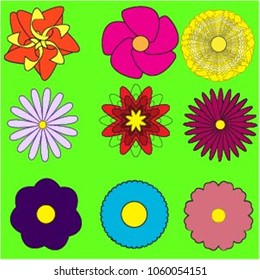 Set of abstract flowers executed in vector graphics. Bright and juicy colors. individual elements. Holiday, spring, beauty, joy.