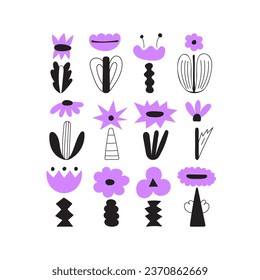 Conjunto de flores abstractas. Ilustraciones florales vectoriales dibujadas a mano. Doodle moderno, elementos florales de estilo groovy. Ilustraciones de flores de colección para impresión, carteles, prendas de vestir, pegatinas