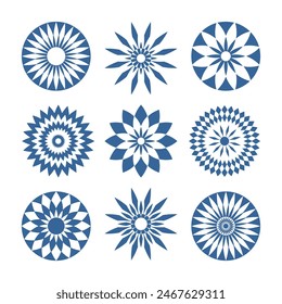 Set of Abstract Flowers Icons. Radial Circle Design Elements. Vector Art.